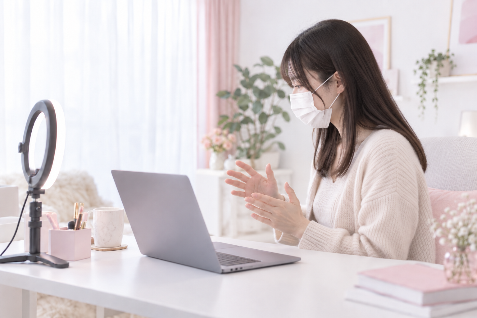 明るく清潔な部屋でライブ配信をする女性